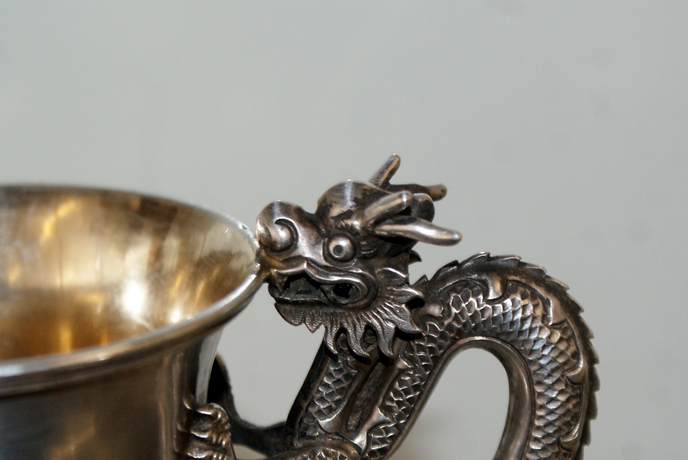 19th century Chinese Silver dragon handled tankard, Very well decorated with good quality carved - Image 3 of 14