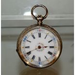 Fine quality ladies silver pocket watch, hand painted dial gold hands, 4cm Dia