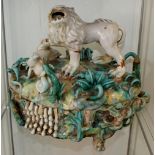 Very rare and unusual Majolica? Lidded storage pot with lion and dog handle, 17th / 18th century??