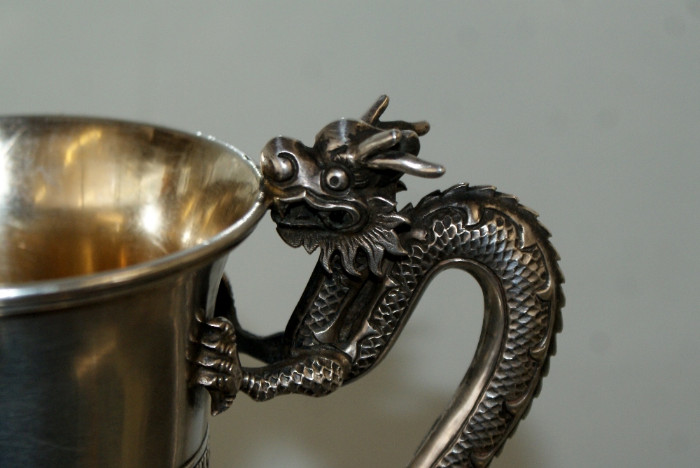 19th century Chinese Silver dragon handled tankard, Very well decorated with good quality carved - Image 2 of 14