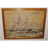 Large maple framed pencil sketch of a ship at sea, signed Henry Young 1945, 41 x 31