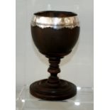 Georgian Silver Rimmed coconut shell toasting cup with mahogany support, 6.6 Inches