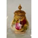 Early 20th century Royal Worcester lidded vase, Hand painted with Roses, 15cm tall