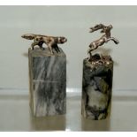 2 Rare Dolls house hallmarked silver animal figures on marble plinths, Dog and stag