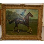 Large Oil on canvas, Bay with Jockey up, unsigned label on reverse reading H.Harvey
