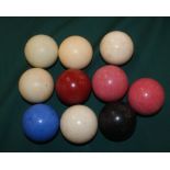 Selection of 10 coloured & stained Antique Billiard and snookers balls, 5cm in dia