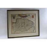 AN 18TH CENTURY HAND COLOURED MAP OF NORFOLK with a banner of heraldic shields, 14 ins x 19 ins,