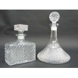 A moulded glass ships decanter and stopper together with a similar moulded decanter of rectangular