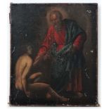 XVIII Continental School
Oil on canvas laid board
Portrait of a Saint helping a young Man
23 3/4 x