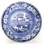 An early 19thC blue and white transfer printed plate decorated in Nuneham Courtenay pattern.