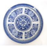 A 19thC porcelain oriental plate : A blue and white plate decorated with a five panel sections, 9