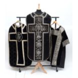 Three early 20thC Roman Catholic Church ecclesiastical chasubles, probably used for funerals: