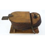 Elm twin Bellows : a late 19thC elm, leather and brass stud foot operated set of twin bellows with