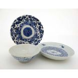 3 Chinese blue and white ceramics : A provincial 19thC saucer dish with bat decoration to inner