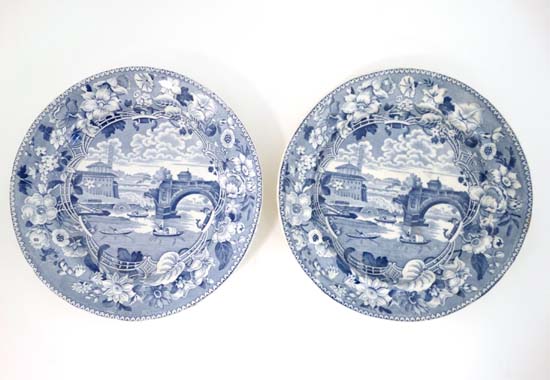 A pair of early blue and white transfer printed plates decorated in Ponte Rotto pattern by Lockett &