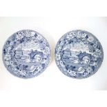 A pair of early blue and white transfer printed plates decorated in Ponte Rotto pattern by Lockett &