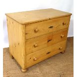 A 19thC Continental stripped pine chest of drawers on squat turned feet 38" wide x 21" deep x 31 1/