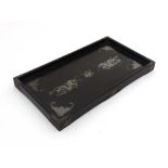 An Anglo -  Chinese ebony tray with pewter mounts having 4 bats to corners, 2 dragons 9 with 4