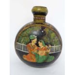 Indian : a hand painted large tole peint and toleware Moonflask, having Indian lovers dancing with