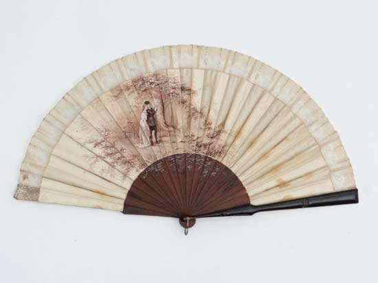 Fan : A boxed hand painted 18 stick fan with image of 2 lovers carving their names into a tree.