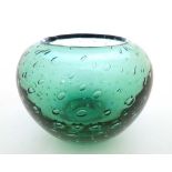 Glass : a Whitefriars style green bubble glass ovoid bowl vase, with groudpontil scar and worn