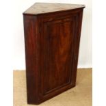 An early 19thC flame mahogany panelled hanging corner cupboard, the door opening to reveal four