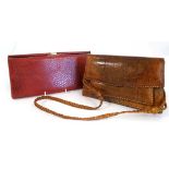 Vintage Hand bags : A snakeskin and leather handbag together with a faux red snakeskin clutch