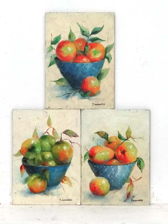 J Howard XX
Oil on board x 3
Bowls of fruit
Signed lower right
Each 7 x 5"
 CONDITION: Please Note -