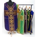 Five early 20thC Roman Catholic Church ecclesiastical chasubles probably used for Ascension Day