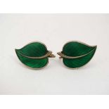 A pair of .830 silver gilt earrings of leaf form with green guilloche enamel decoration