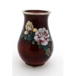 A white metal enamel cloisonne decorated baluster shaped short vase with peony like decoration 4 2/