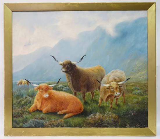 Thomas Heal 1918 Scottish School
Oil on canvas
Highland cattle on a flood plain near a Loch
Signed