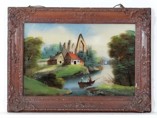 XIX Reverse Glass painting
Cottages by ruins with figures in a boat crossing a river,
15 x 23"