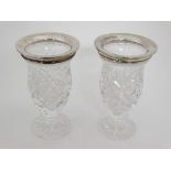 A pair of cut glass pedestal vases with silver rims hallmarked London 1929 maker Roberts & Dore 7"