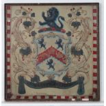 Heraldic Coat of Arms on a silk flag / banner: depicting a lion rampant above a shield with 3