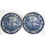 A pair of early 19thC blue and white transfer printed plates decorated in The Philosopher pattern.