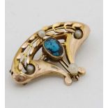 A gold belle epoque brooch set with turquoise and seed pearls 1 1/4" wide  CONDITION: Please Note -