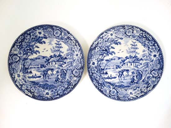 A pair of early 19thC blue and white transfer printed plates decorated in The Native pattern.