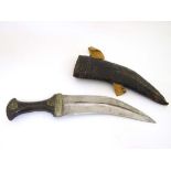 An Arab Jambia, 19th century, With horn hilt and metal stud decoration in a leather sheath. 31 cm (