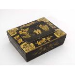 A 19thC Chinoiserie decorated c.1820 box with yellow paper lining 10 1/2" wide x 8 1/2" deep x 3 3/