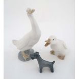 Three Nao  figurines. 1 white goose. Stamped to base. 6" high, 1 white duck. Stamped to base. 3 1/2"