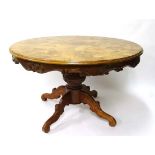 A Victorian style walnut cross banded circular pedestal table 46 3/4" diameter x 28 1/2" high