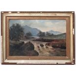 XIX English School
Oil on board
A figure fishing a river in an extensive  mountainous  landscape