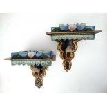 A pair of Indian hand painted carved wooden wall brackets 11 3/4" wide x approx 12 1/2" high