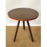 A 19thC Gypsy table with walnut stained pine circular top and 3 walnut bobbin turned legs 21 3/4"