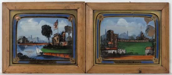 XIX Reverse glass paintings
A pair
' Ruins of Pembroke Castle '
' Ruins of Rochester Castle '
Each 8
