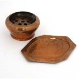 1930's Arts and Crafts : A planished copper hexagonal oval dish, together with a plannished copper