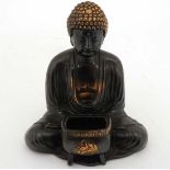 20 th Japan Buddhism :  A coppered spelter figure of a seated Buddha incense burner. Bears marked