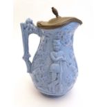 Militaria : A mid 19thC bulbous blue stoneware jug with pewter lid , decorated with depiction of a