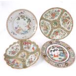 A group of four oriental plates, 18th and 19thC, comprising famille verte lobed dish, a plate